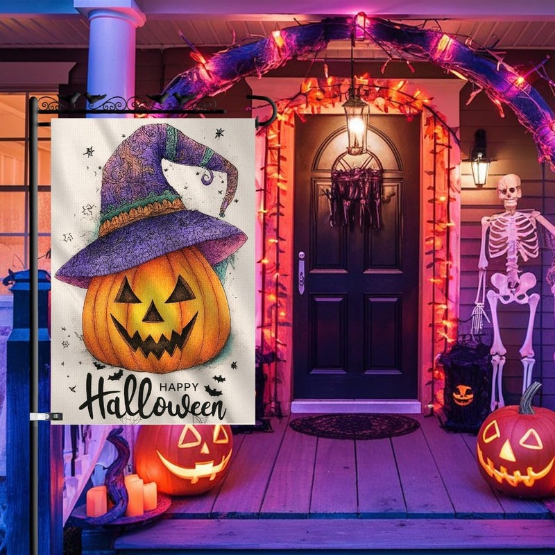 KarvePro Happy Halloween Garden Flag 12x18 Inch – Pumpkin with Purple Hat, Double Sided Burlap Fall Yard Flag for Outside - Image 2